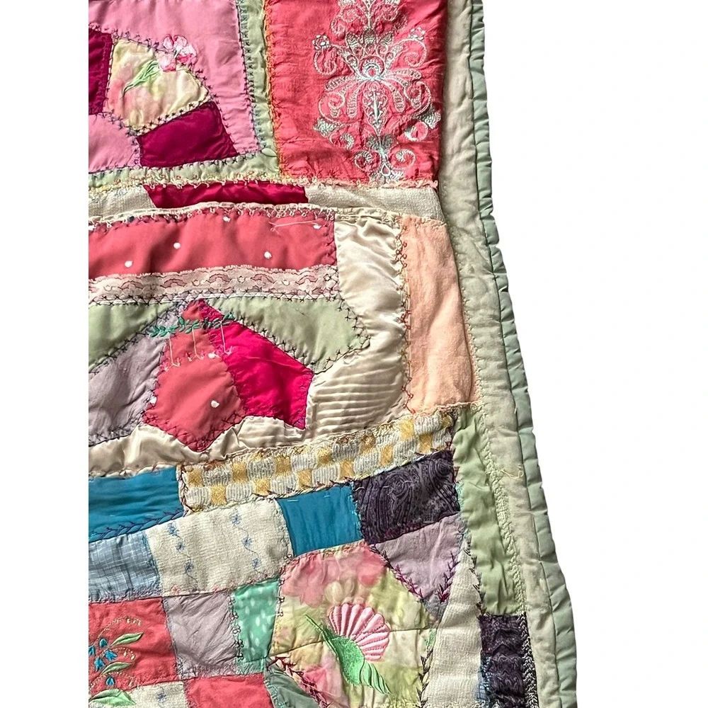 Vintage Handmade Crazy Quilt Embroidered Patchwork Quilt Cottagecore 46x55